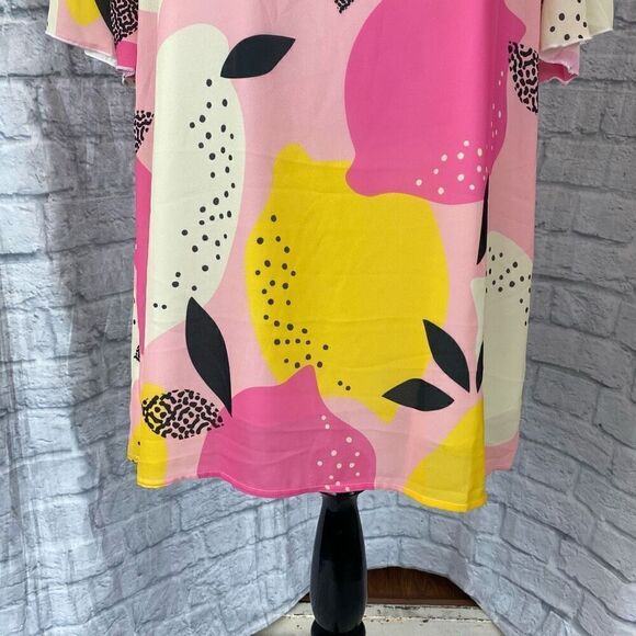 Feifeiyu women L v-cut lemon print fully lined shift dress 3/4 flutter sleeve - Picture 3 of 11